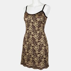 Vintage Aziz Womens 9 Brown Gold Floral Lace Mini Dress Velvet Trim Party USA